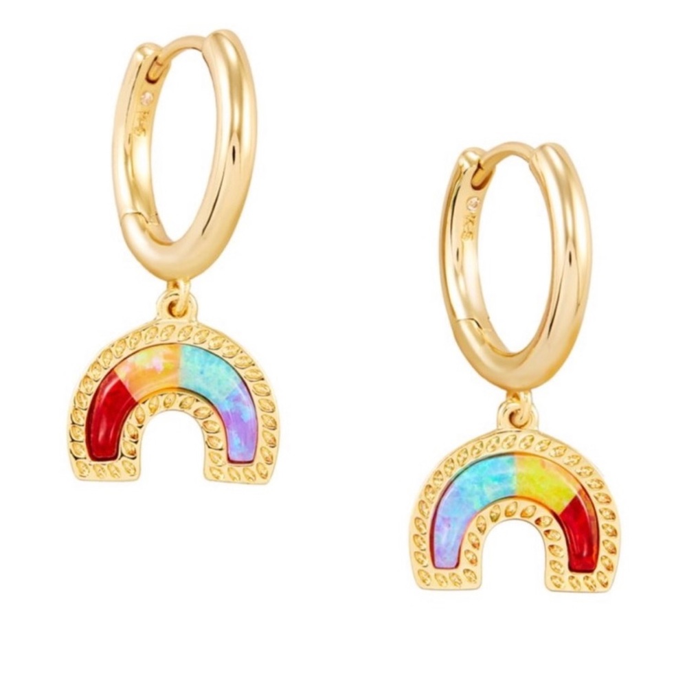 NWT Kendra Scott Rainbow Huggie Hoop Earrings RARE & Multi Opal Yellow Gold WOW! - Picture 4 of 9